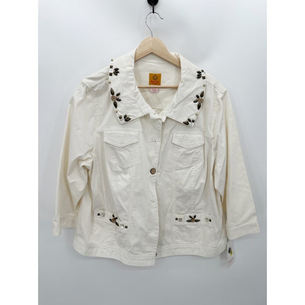 Ruby Rd‎ Cream Ivory Embellished Button Down Denim Jacket Womens 18W 93830